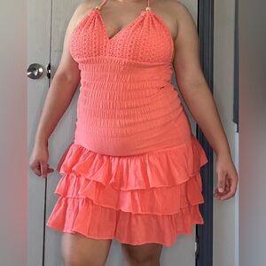 Coral Halter Neck Ruffle Dress